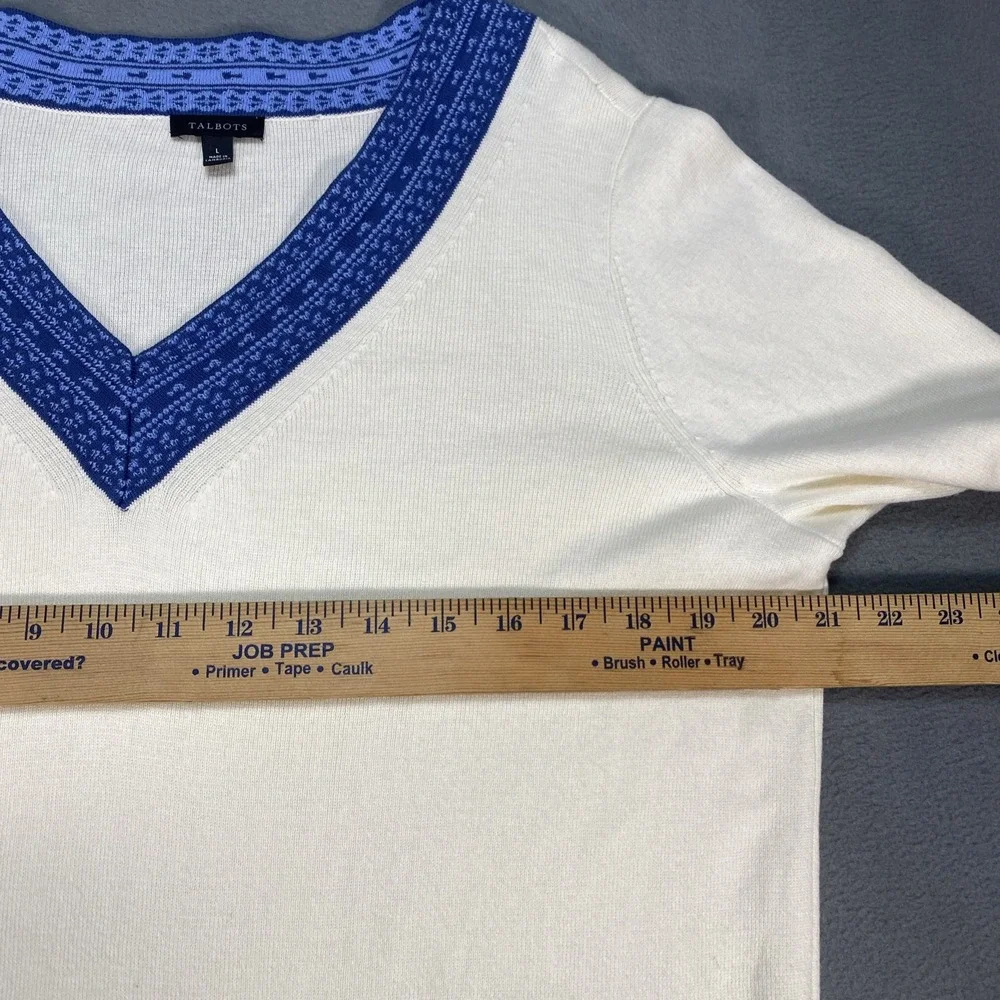 Talbots Rib Knit Sweater Large Ivory Contrast Blue Trim Pullover Layer Ready